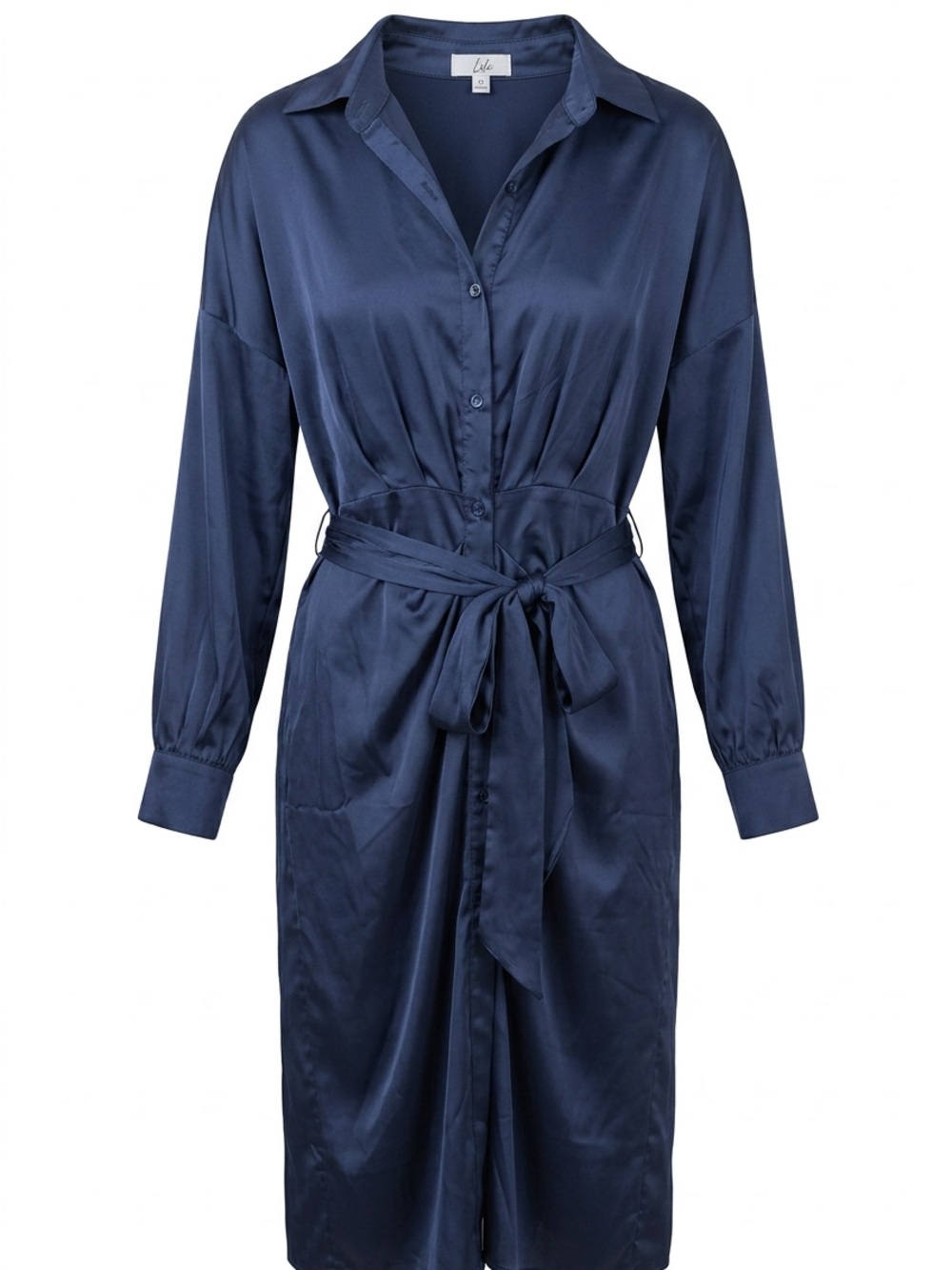 Navy Satin Maxi Shirt Dress with Self Tie Waist